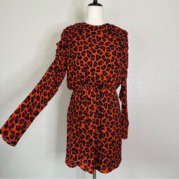 MSGM Milano Ruffled Orange Leopard Print Crepe Mini Dress, Sz Medium - Picture 3 of 13